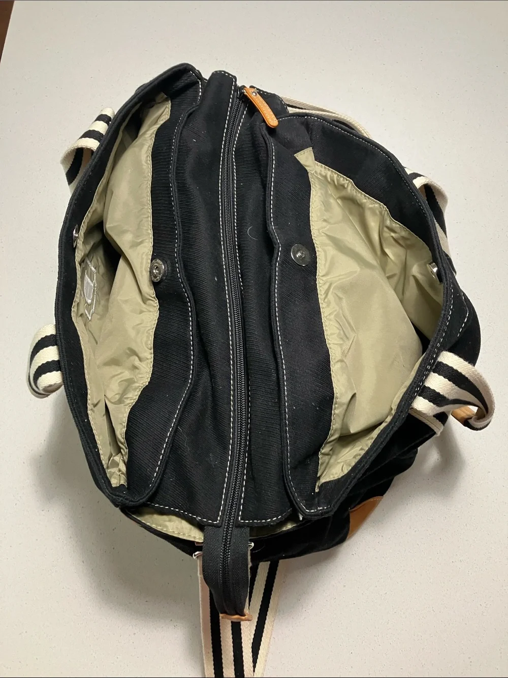 Pottery Barn Kids Black Canvas Baby Bag with Cream Striped Webbing